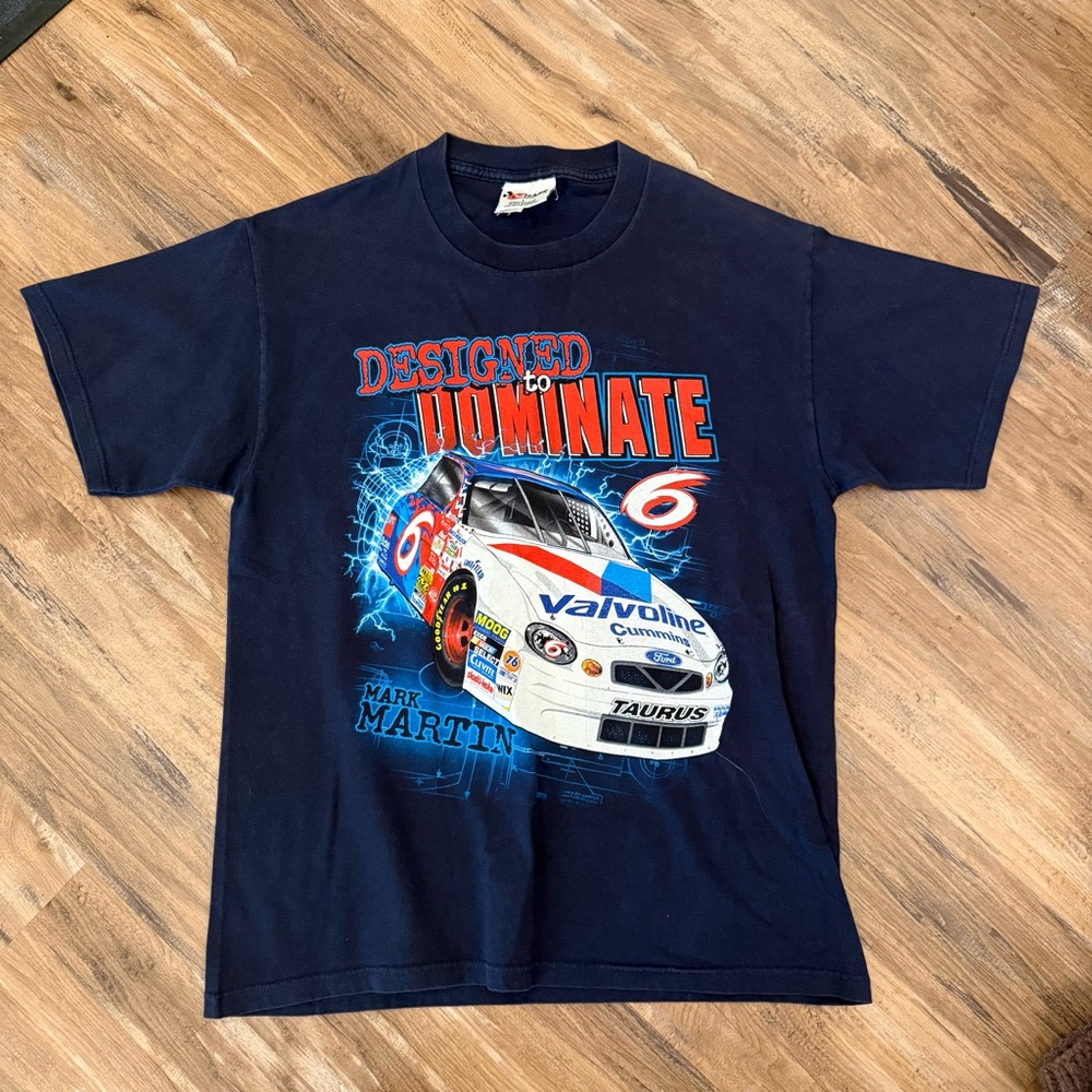 Mens vintage Mark Martin NASCAR double sided graphic t shirt sz L blue